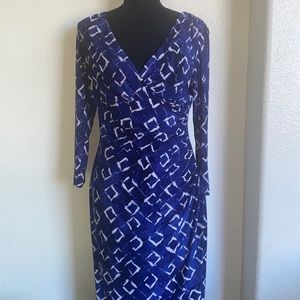 Lauren/Ralph Lauren, blue print 3/4 sleeves, midi dress, size 6, high stretch